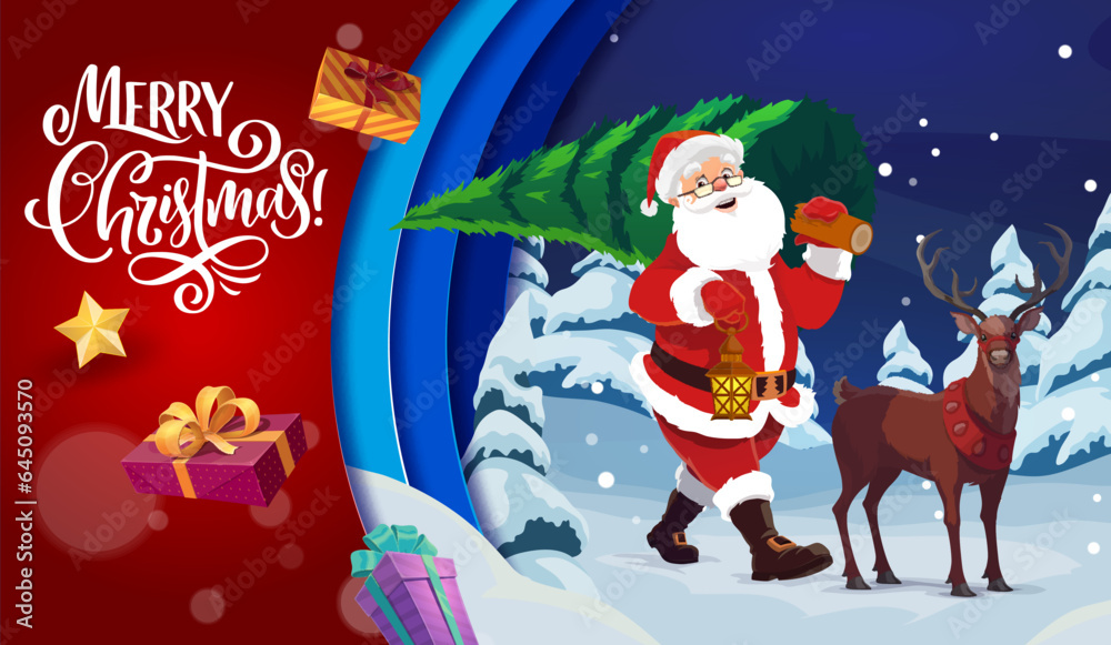 Fototapeta premium Christmas paper cut banner. Cartoon cheerful santa with pine tree and deer in winter forest. Vector greeting card with 3d layer effect, funny Father Noel with reindeer carry spruce in night snowy wood