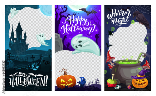 Halloween holiday social media templates with monsters, pumpkins and ghosts, cartoon vector. Halloween frames with spooky zombie hand from grave, witch potion cauldron and spiders on cemetery