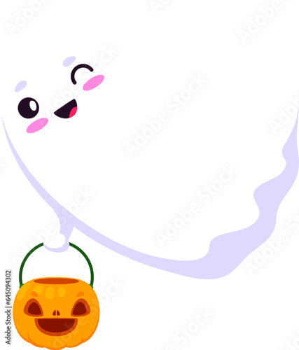Cartoon halloween kawaii ghost character holding a pumpkin bucket for candy treats, radiating charm spookiness and cuteness. Isolated vector baby spook personage wink eye at trick or treat party