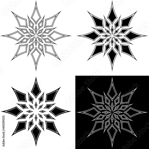 Set of elegant Gothic stars or snowflakes. Tattoo, intricate design and decor element. Highly detailed and accurate lines for print or engraving