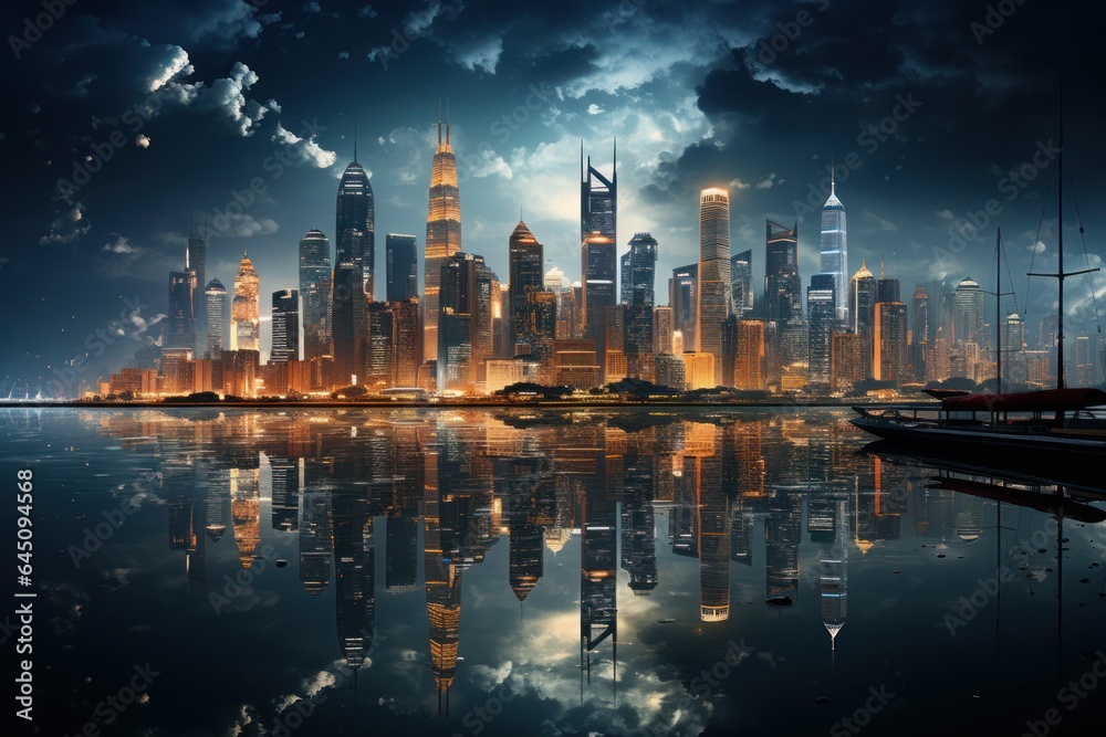 Obraz premium panoramic view of a luxurious city at night with neon lights