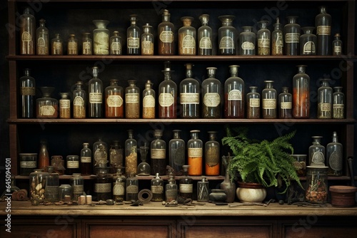 Vintage laboratory mining tools  measuring devices  bottles  apothecary cabinet  medieval drugs  dirty shelf. Generative AI
