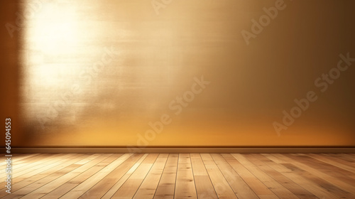 empty golden room with wooden floor for product placement  copy space