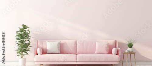 Empty wall in white living room interior with a pastel pink couch. Copy space available.