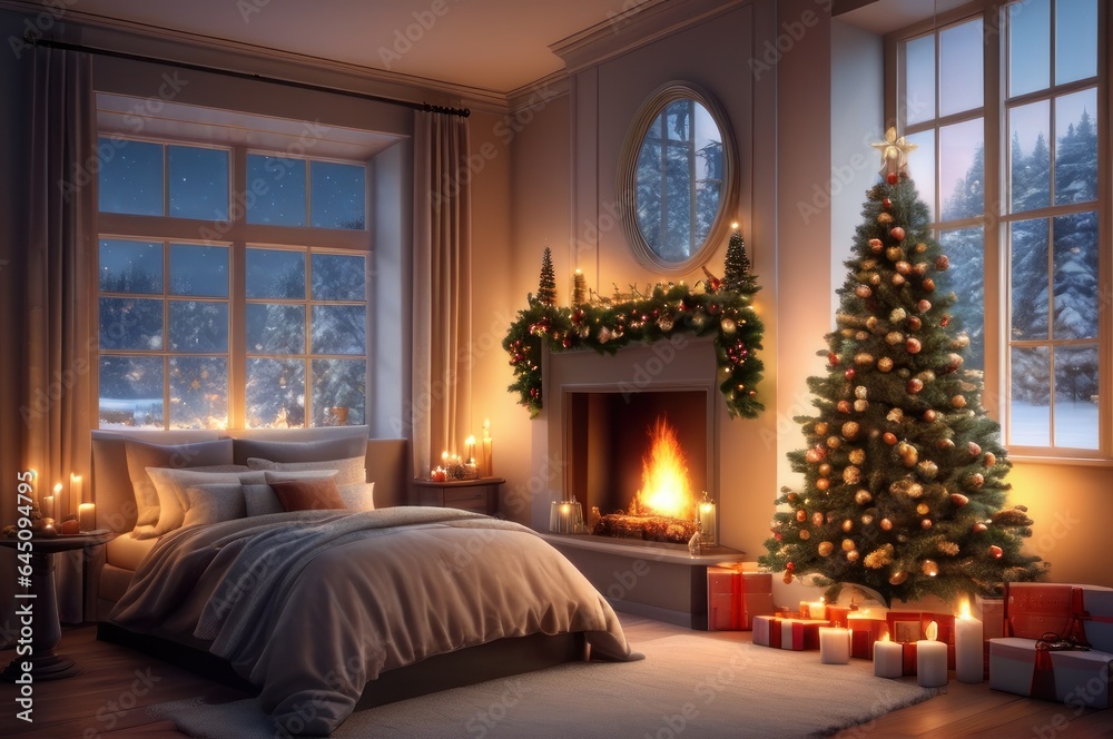 Obraz premium cozy domestic christmas interior with window, bed, candles and fireplace