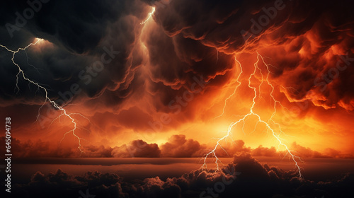 Storm warning - Weather background banner - Amazing lightning storm in orange light and dark clouds on sky