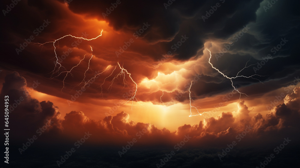 Storm warning - Weather background banner - Amazing lightning storm in orange light and dark clouds on sky