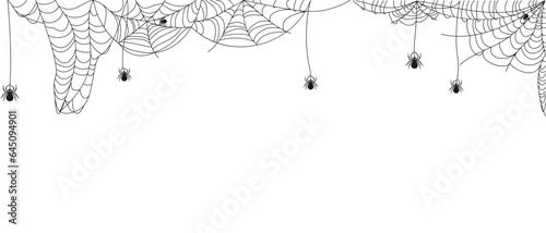 Spiderweb template with spiders for Halloween banner design. Abstract texture of insect traps. Isolated graphic template. Vector illustration.