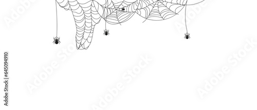 Halloween border with abstract spiderweb texture with spiders. Decor for Halloween celebration. Abstract texture of insect traps. Isolated graphic template. Vector illustration.