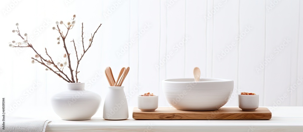 Minimal cooking time in a holiday-themed kitchen with white accessories and a wooden bowl of salt on a white table. Minimal cooking time in a holiday-themed kitchen with white accessories and a wooden bowl of salt on a white table.