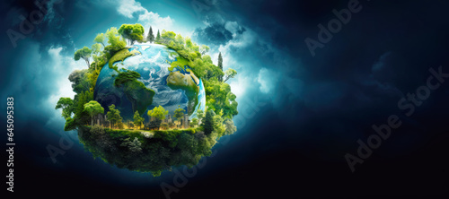 Green Trees on Earth in Space. Ecology Friendly. World Environment and Sustainable Development concept Banner