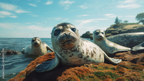 A group of seals basking in the sun. AI Generative. © Miry Haval