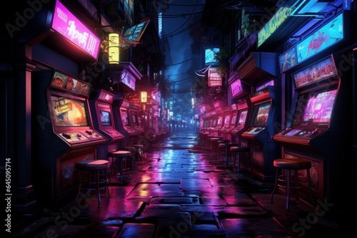 Neon-Lit Alley with Arcade Machines in Urban Nightscape