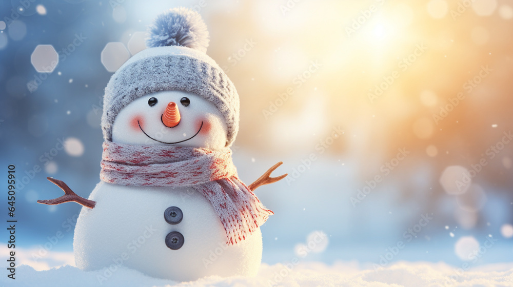 Winter holiday christmas background banner - Closeup of cute funny laughing snowman with wool hat and scarf, on snowy snow snowscape with bokeh lights, illuminated by the sun Winter holiday christmas background banner - Closeup of cute funny laughing snowman with wool hat and scarf, on snowy snow snowscape with bokeh lights, illuminated by the sun