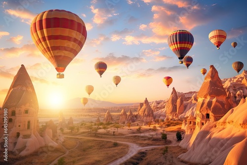 Cappadocia air balloons flying at sunset in Turkey. Their colorful canopies catch the last rays of daylight, illuminating the surreal landscape below. AI-generated.