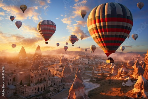 As the sun sets below the horizon, the hot air balloons in Cappadocia ascend into the sky, creating captivating shadows against Turkey's warm and dusky backdrop. AI-generated.