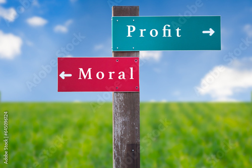 Street Sign the Direction Way to Moral versus Profit. © Oleksandr
