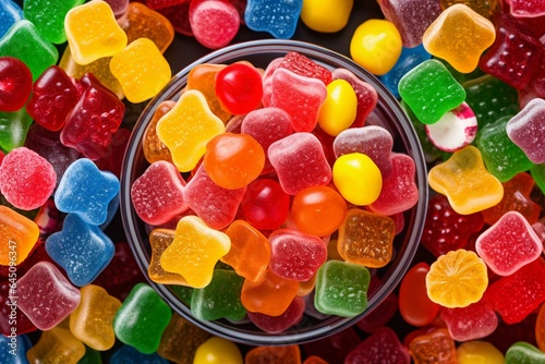 Variety of fruity gummies displayed from above. Colorful and chewy sweets. Generative AI