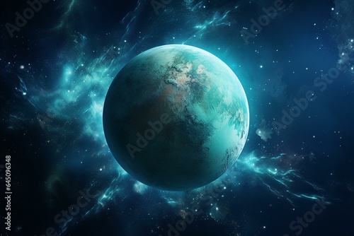 An Earth-like alien planet shown in a space wallpaper. Generative AI