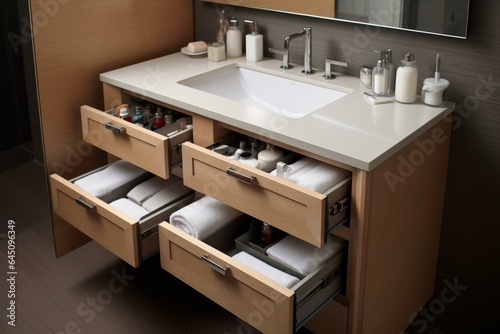 Bathroom vanity with sink and storage compartments. Generative AI