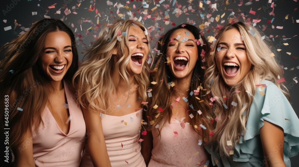 Fototapeta premium Group of girls celebrating, falling confetti. Generative AI