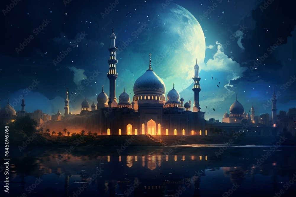 An impressive mosque illustration with Ramadan theme. Generative AI