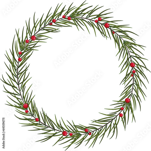 Christmas tree wreath with red berries. Holiday.transparent, png.Christmas card with a wreath of fir branches .Christmas