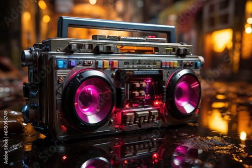 Vintage music player, the retro boombox, radiates with neon lights, evoking 80s nostalgia. This old-school cassette player embodies street culture, influenced by hip-hop, setting the tone for urban ni photo