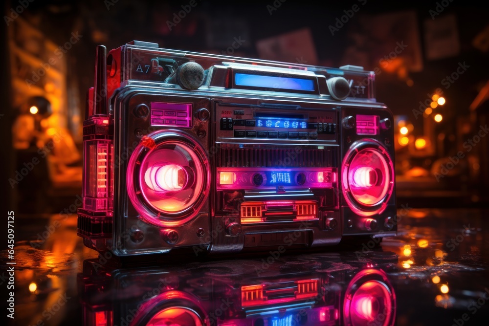 Fototapeta premium Retro Boombox with Neon Lights at Night