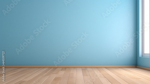 Empty light blue wall with wooden floor. Minimalist background for product presentation, mock up