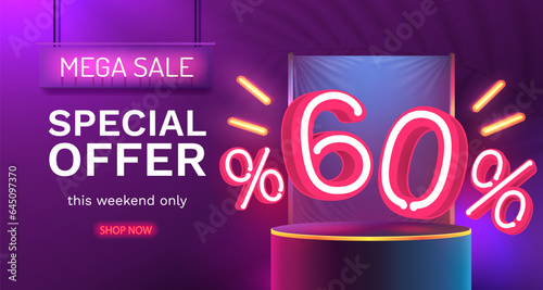 Mega sale special offer, Neon 60 off sale banner. Sign board promotion. Vector illustration