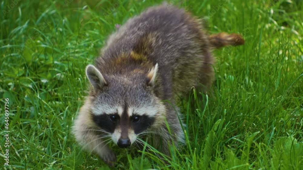 Close up of raccoon walking around bushes Close up of raccoon walking around bushes