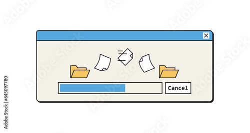 File copy and save process window in retro style, 90s ui design data information, documents moving between computer files, progress isolated on white bacground flat vector illustration.