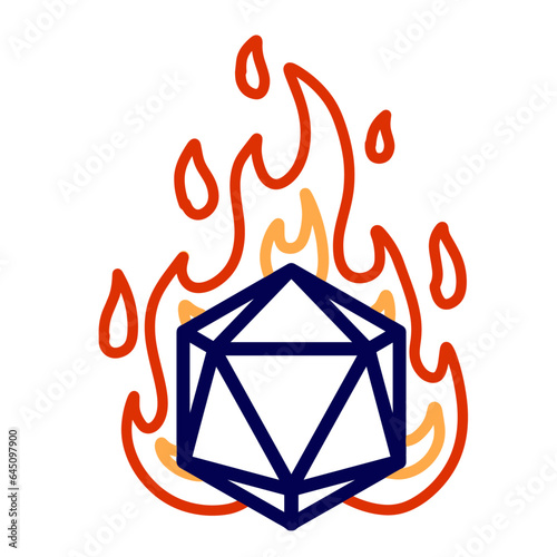 20 sided dice with numbers. Cartoon dice for fantasy dnd and rpg Board game. Magic fire isolated on white