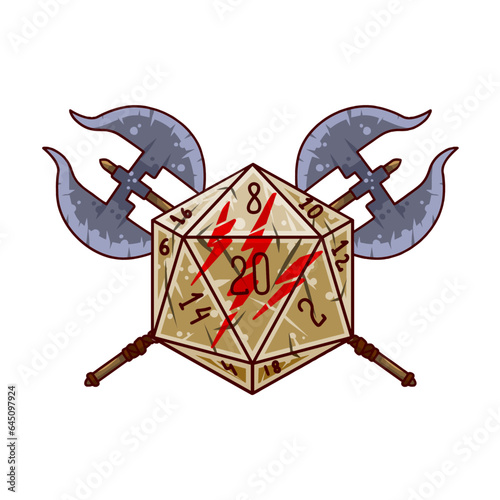 Dice d20 for playing Dnd. Dungeon and dragons board game. Crossed axe of medieval viking warrior, barbarian. Adventure cartoon Icon
