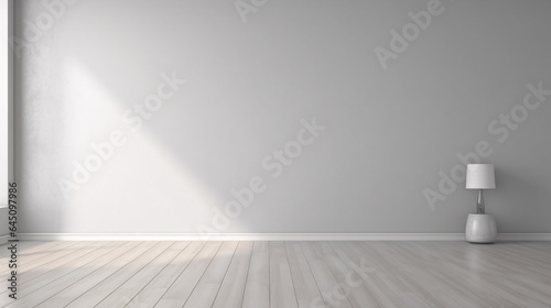 gray empty wall with wooden floor with glare from the window. Interior background for the presentation.
