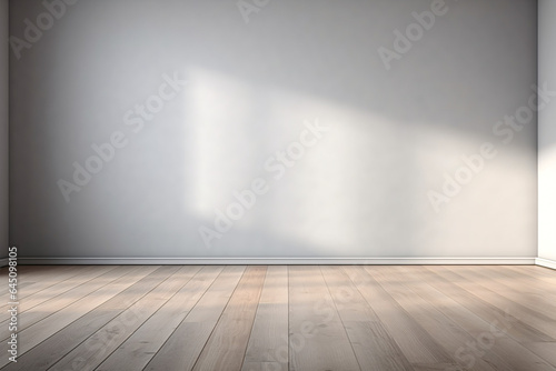 light gray empty wall with wooden floor and interesting glare of sun from window. Interior background for the presentation of product