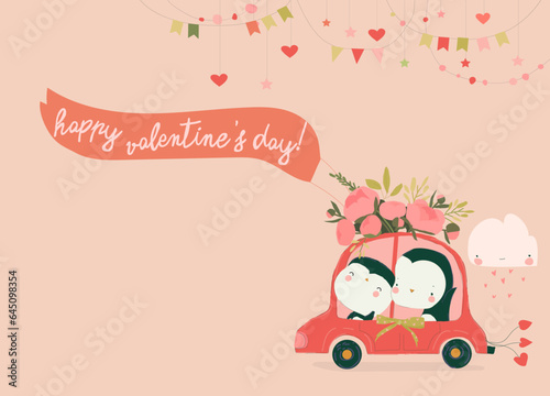 Cute Valentines Day Card with Happy Penguin Couple driving Car