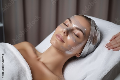 Young beautiful woman having mask procedure in spa centre