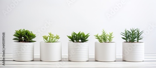 White wooden background with stylish flowerpots, perfect for home decor and text.
