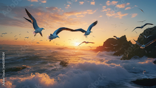 A flock of seagulls flying above crashing waves. AI Generative.