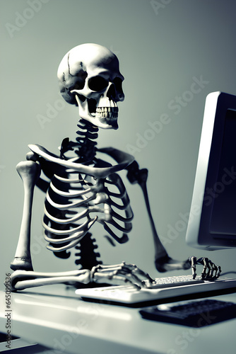 human skeleton sitting at a computer