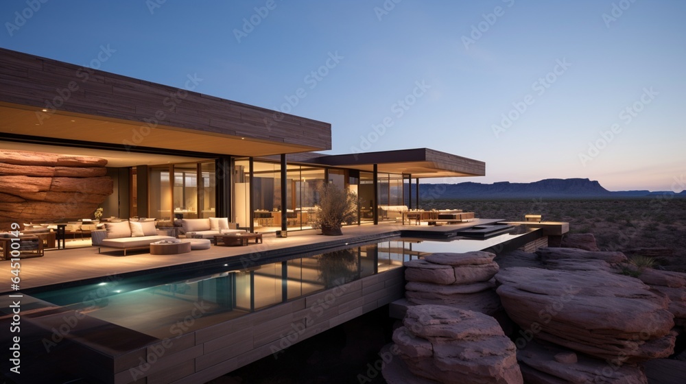 a contemporary desert home, with a blend of glass and stone, offering uninterrupted views of the vast desert landscape and starry nights