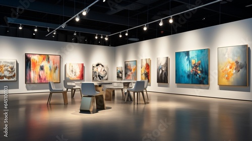 a contemporary art gallery reception, featuring sleek art gallery tables and avant-garde event seating for an artistic event