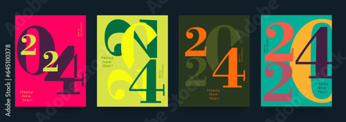 2024 Happy New Year and Merry Christmas. Trendy Design Newspaper of 2024 Year in the Green, Pink, Red, Orange Colors. Abstract Seamless Text Numbers for Advertising, Web, Poster, Banner, Cover.