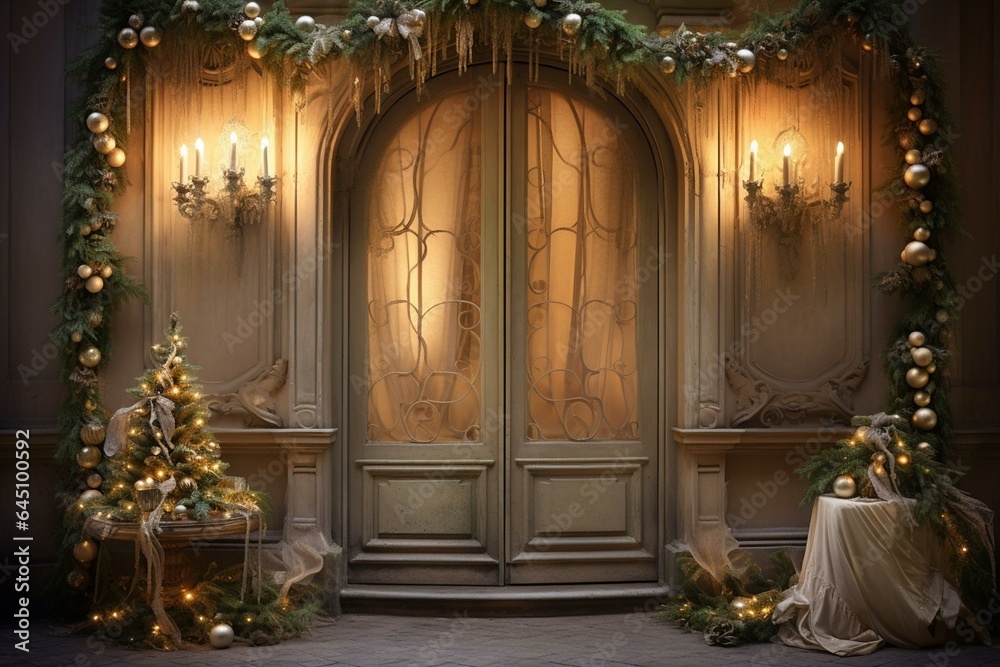 Old-fashioned door adorned with elegant decorations including vases, candles, curtain, and twinkling lights. Generative AI
