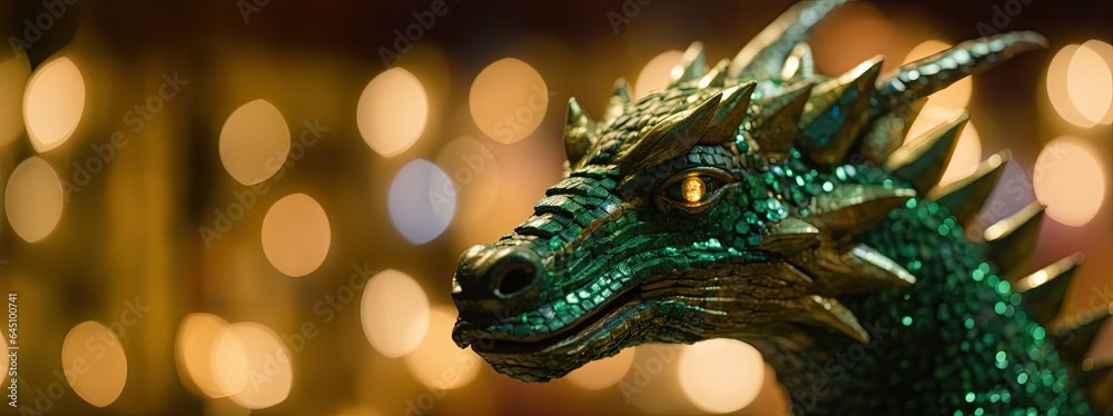 Close up view of head of green wooden dragon  figurine on sparkling glitter blurry bokeh background is symbol of year 2024