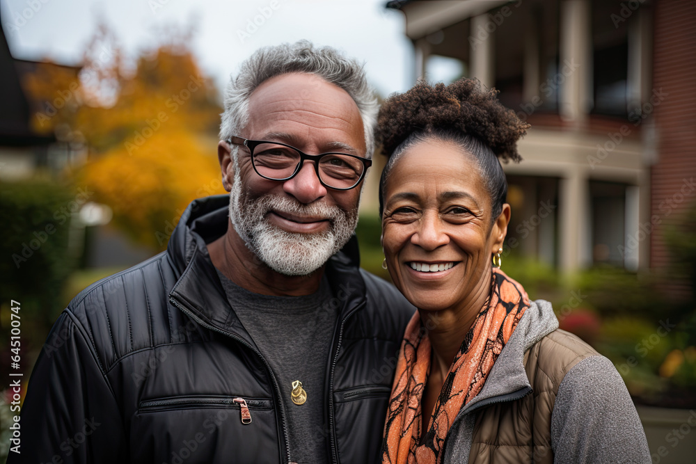 Happy elderly couple is hugging in front yard of their new home