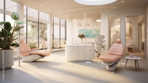 a dentist s waiting area  showcasing comfortable chairs and a reception desk with a welcoming atmosphere