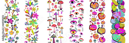 Set of vertical seamless border with pimpkins, eyes, flowers and mushrooms